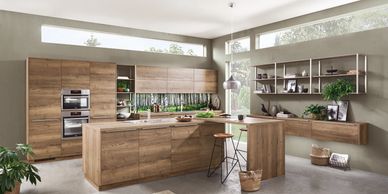 Nobilia linear Structura Havana Oak wood effect kitchen with open shelves