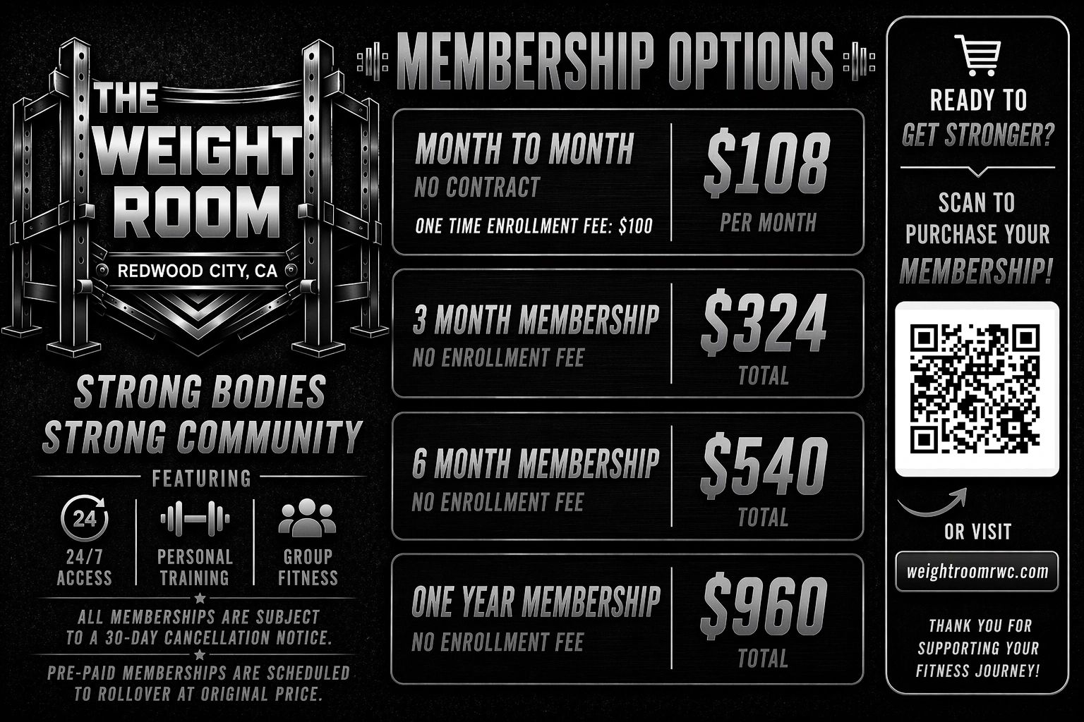 Membership options and pricing for The Weight Room gym in Redwood City, CA.