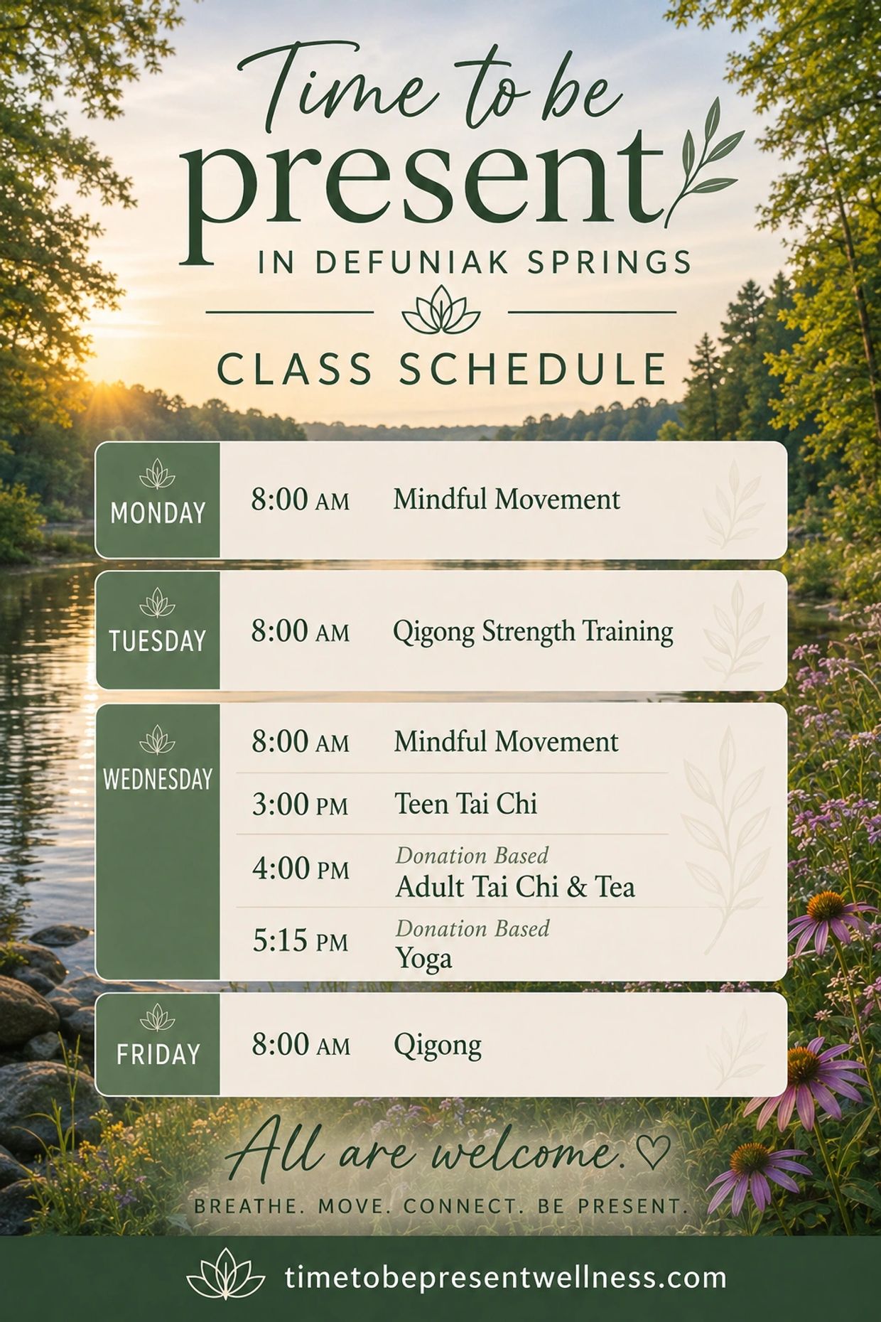 Defuniak Springs wellness class schedule with morning and afternoon sessions.