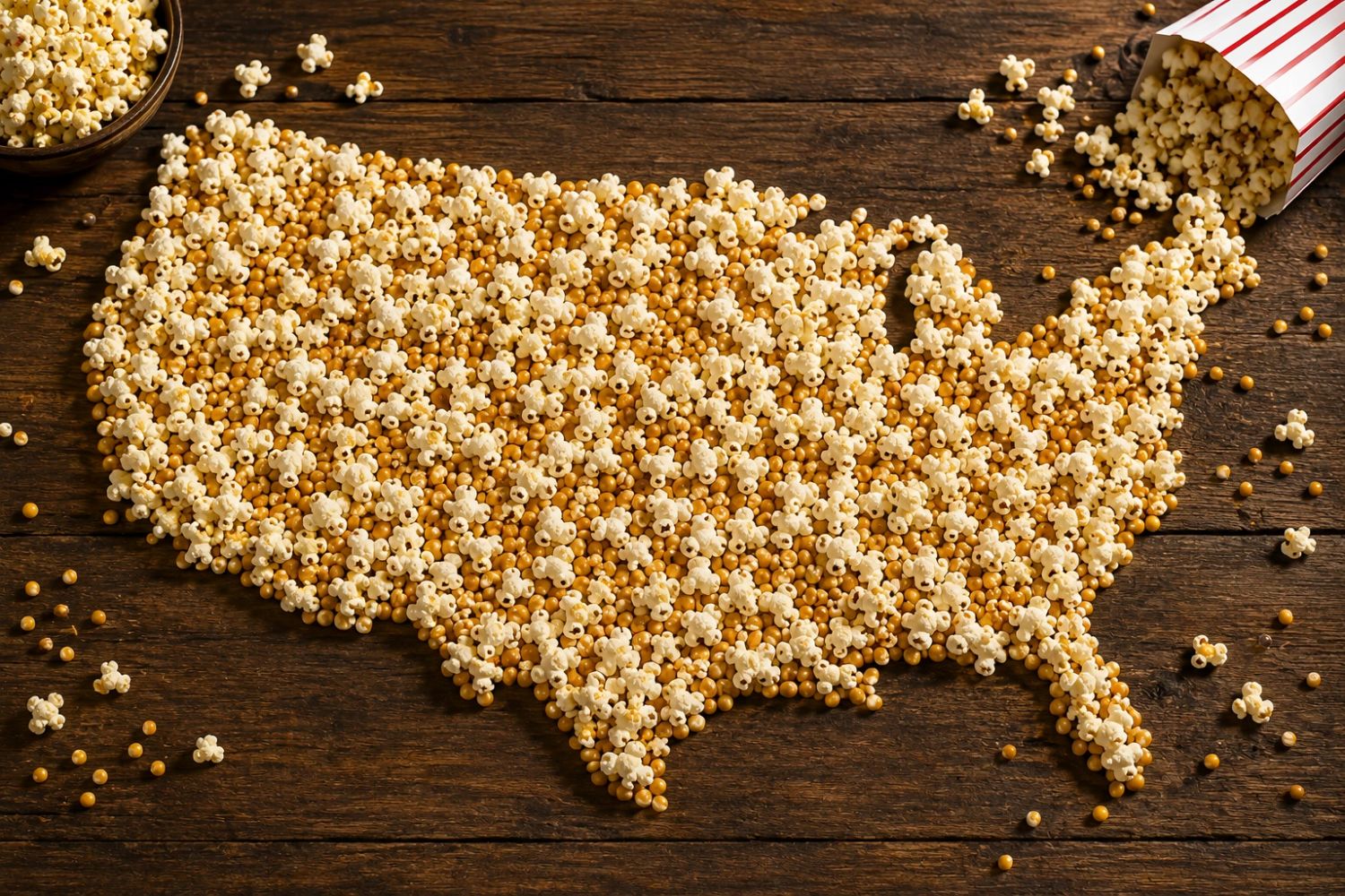 popcorn spilt on a table making the shape of USA.