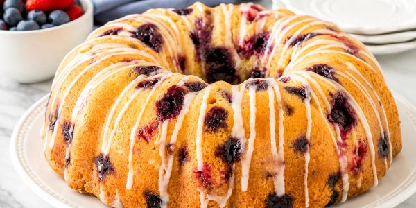 Blueberry bundt cake with icing.