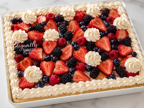 Fruit and cream decorated rectangular cake.