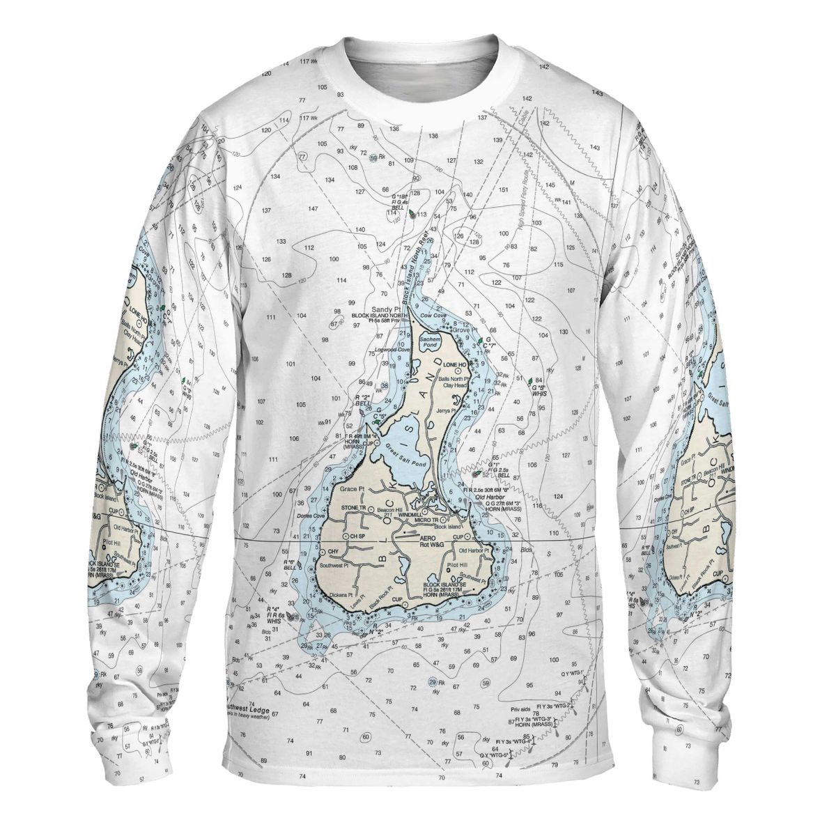 Block Island Chart Long Sleeve Sun ShirtWHITE