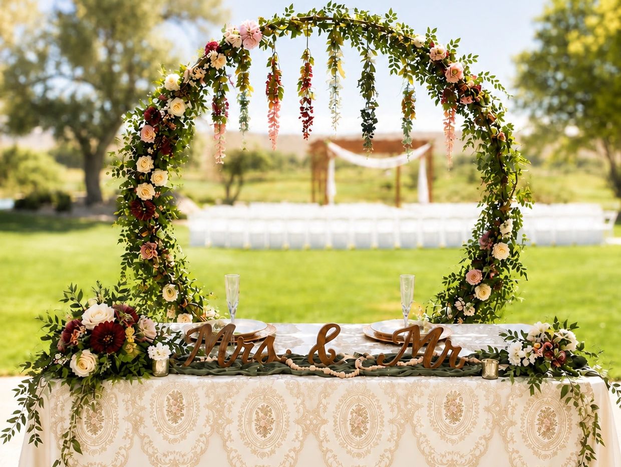 Wedding table decorated with floral arch and Mrs. &amp; Mr. signs.