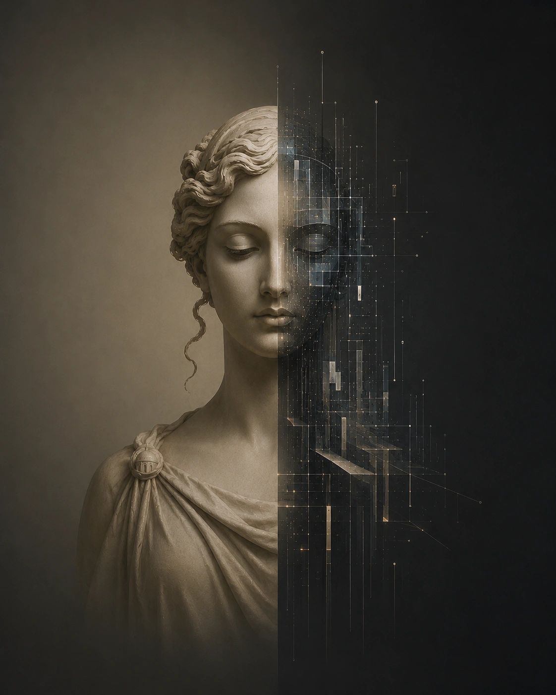 Half classical statue, half digital abstraction, symbolizing the fusion of art and technology.