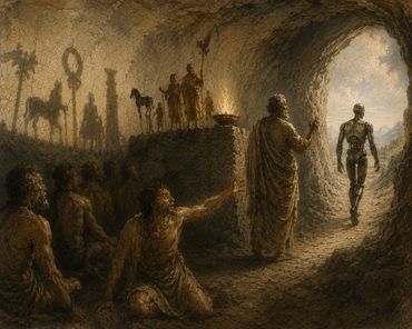 The new man walks out Plato's cave as the Machine