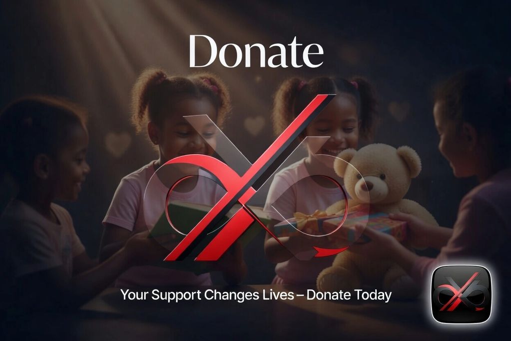 Children sharing gifts with a message encouraging donations to change lives.