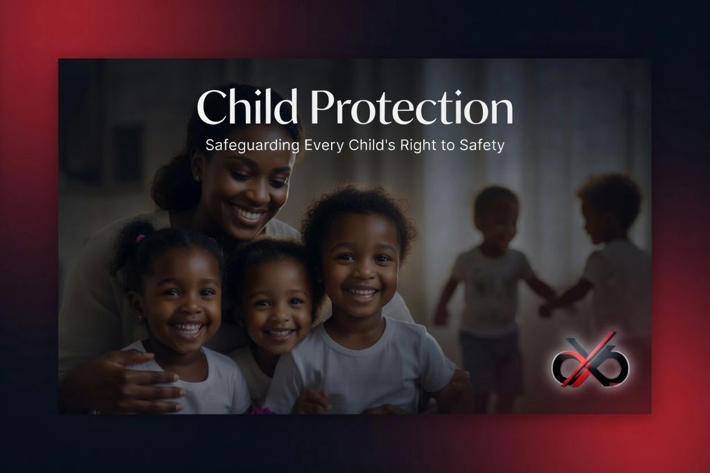 Smiling children with a caregiver promoting child protection and safety rights.