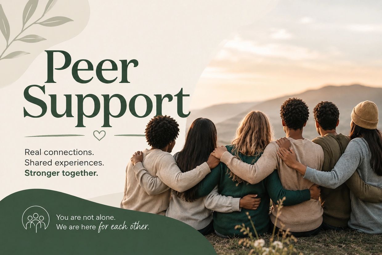 A group embracing outdoors with text about peer support and connection.