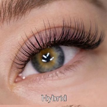 Close-up images of four eyelash extension styles: Classic, Hybrid, Volume, and Mega Volume.
