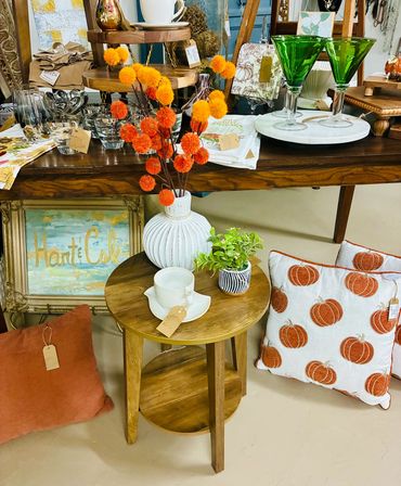 Fall Pillows, Small Accent Table, Bird Cup & Saucer, Bright Green Martini Glasses