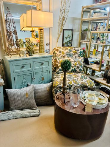 Painted Chest with two doors and two drawers, Upholstered Slipper Chair, Vintage Kidney Shaped Coffe