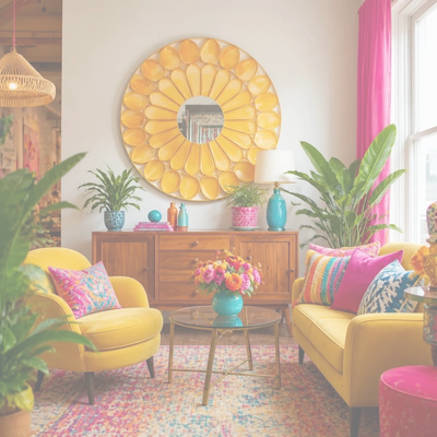 This is an AI generated photo of a living / sitting area drenched in bright colors.  A Bright yellow
