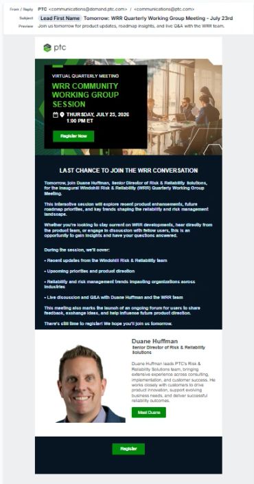 Invitation to WRR Community Working Group meeting on July 23, 2026, with Duane Huffman.