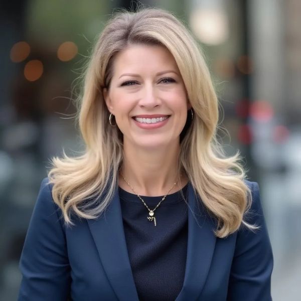 Smiling woman with blonde hair in a navy blazer.