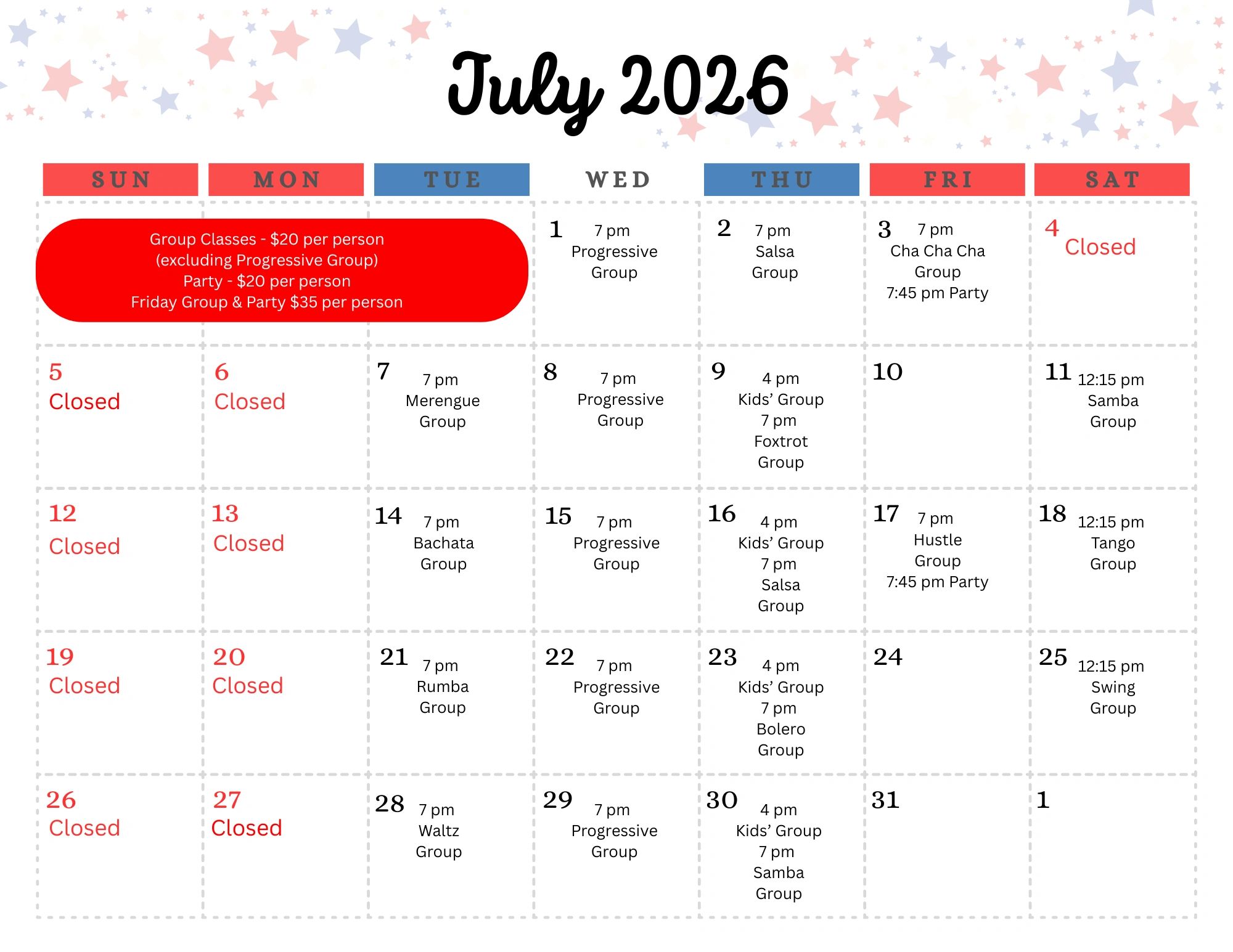 July Dance Calendar