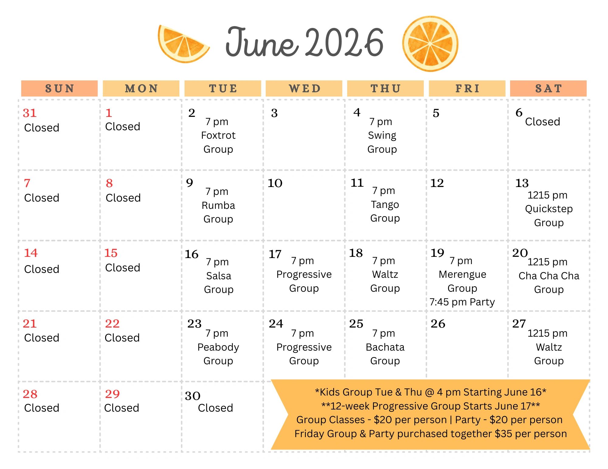 June 2026 calendar with dance group schedules and closures on Sundays and Mondays.