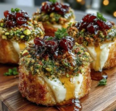 Crispy, stuffed cheese bites topped with herbs and a drizzle of sauce.