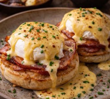 Delicious eggs Benedict topped with creamy hollandaise sauce and chives.