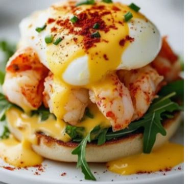 Eggs Benedict with shrimp, hollandaise sauce, and arugula on an English muffin.