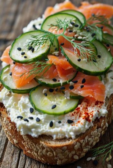 Open-faced sandwich with smoked salmon, cucumber, cream cheese, and dill on multigrain bread.