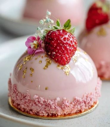 Elegant pink mousse dessert topped with a strawberry and edible gold flakes.