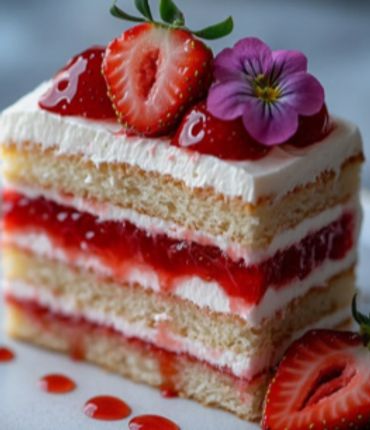 Layered strawberry cake with cream and fresh strawberries on top.