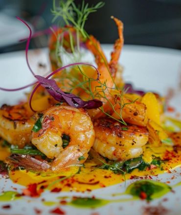 Grilled shrimp garnished with herbs and colorful sauces on a white plate.