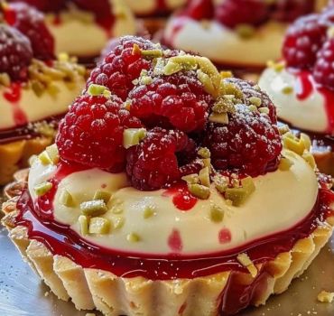A raspberry tart with cream, pistachios, and powdered sugar.