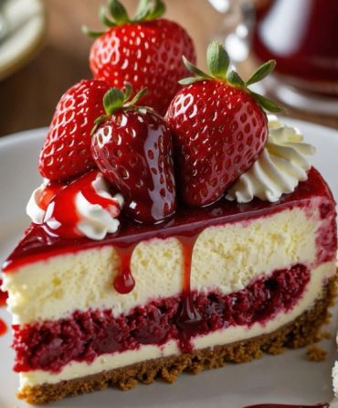A slice of strawberry cheesecake with fresh strawberries and whipped cream.