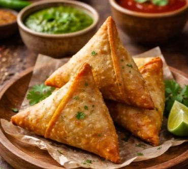 Golden fried samosas garnished with herbs on a wooden plate.