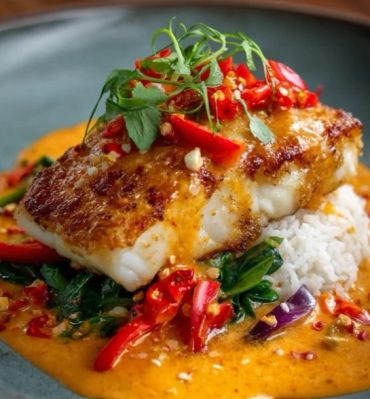 Pan-seared fish with creamy chili sauce over rice and vegetables.