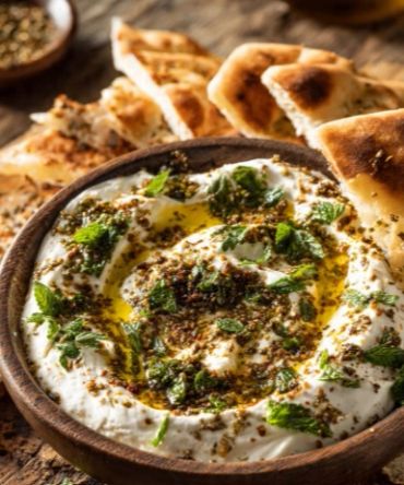 Labneh topped with herbs and olive oil served with pita bread.