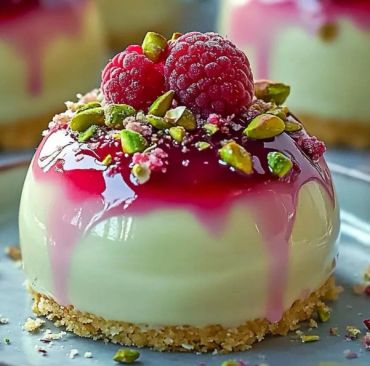 A creamy dessert topped with raspberries and pistachios on a crumbly base.
