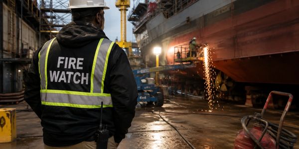 Fire watch personnel overseeing welding work at a shipyard at night.