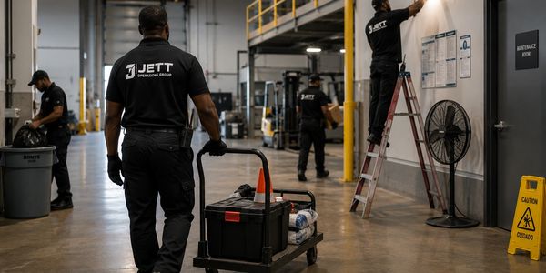 Workers in a warehouse performing various tasks wearing JETT uniforms.