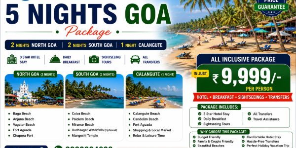 5 Nights Goa travel package featuring hotels, breakfast, sightseeing, and transfers.