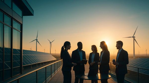 Business people discussing near solar panels and wind turbines at sunset.