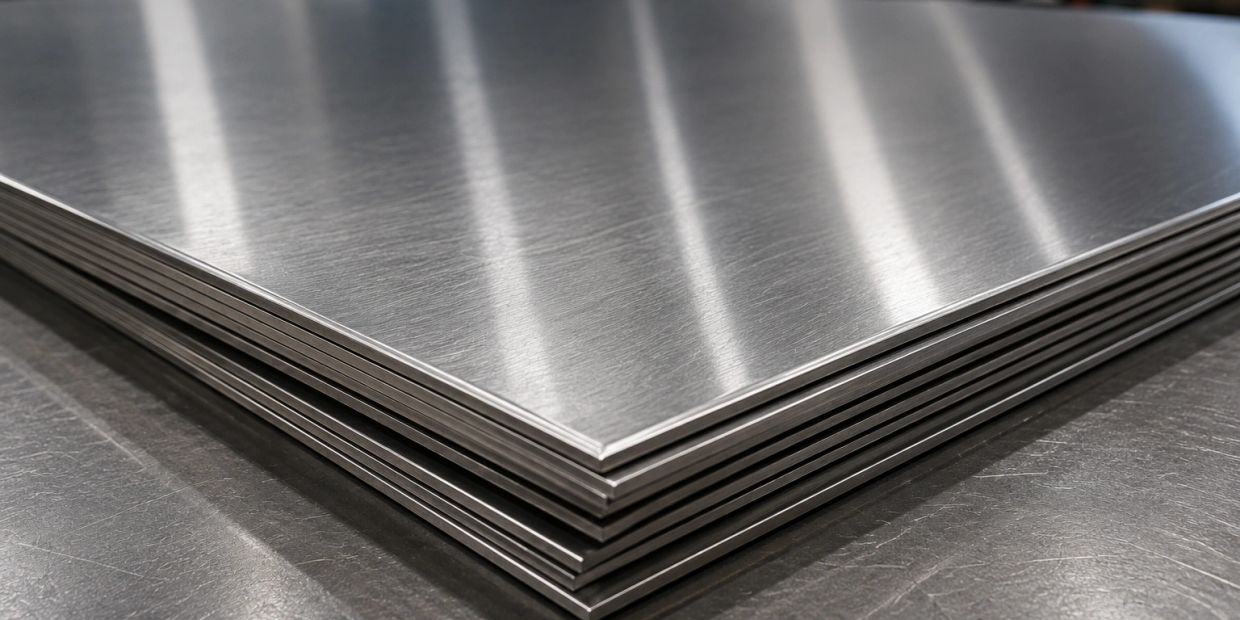 Stack of shiny metal sheets with brushed texture.