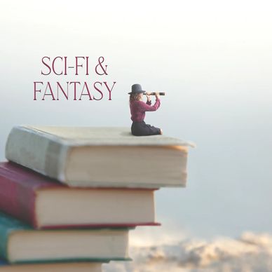 Miniature figure with a spyglass atop a stack of books labeled Sci-Fi &amp; Fantasy.