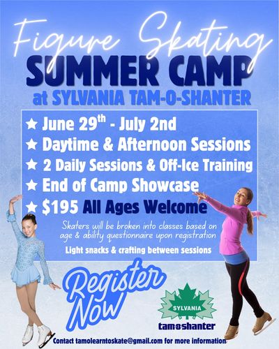 Figure skating summer camp with daily sessions and off-ice training from June 29 to July 2.
