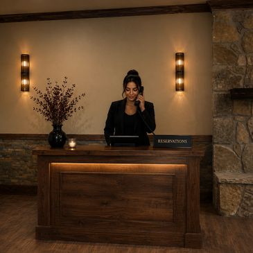 Receptionist at a reservations desk in a cozy setting.