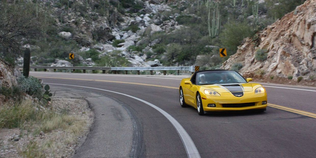 Corvette driving on a top-10 curvy roads in the US