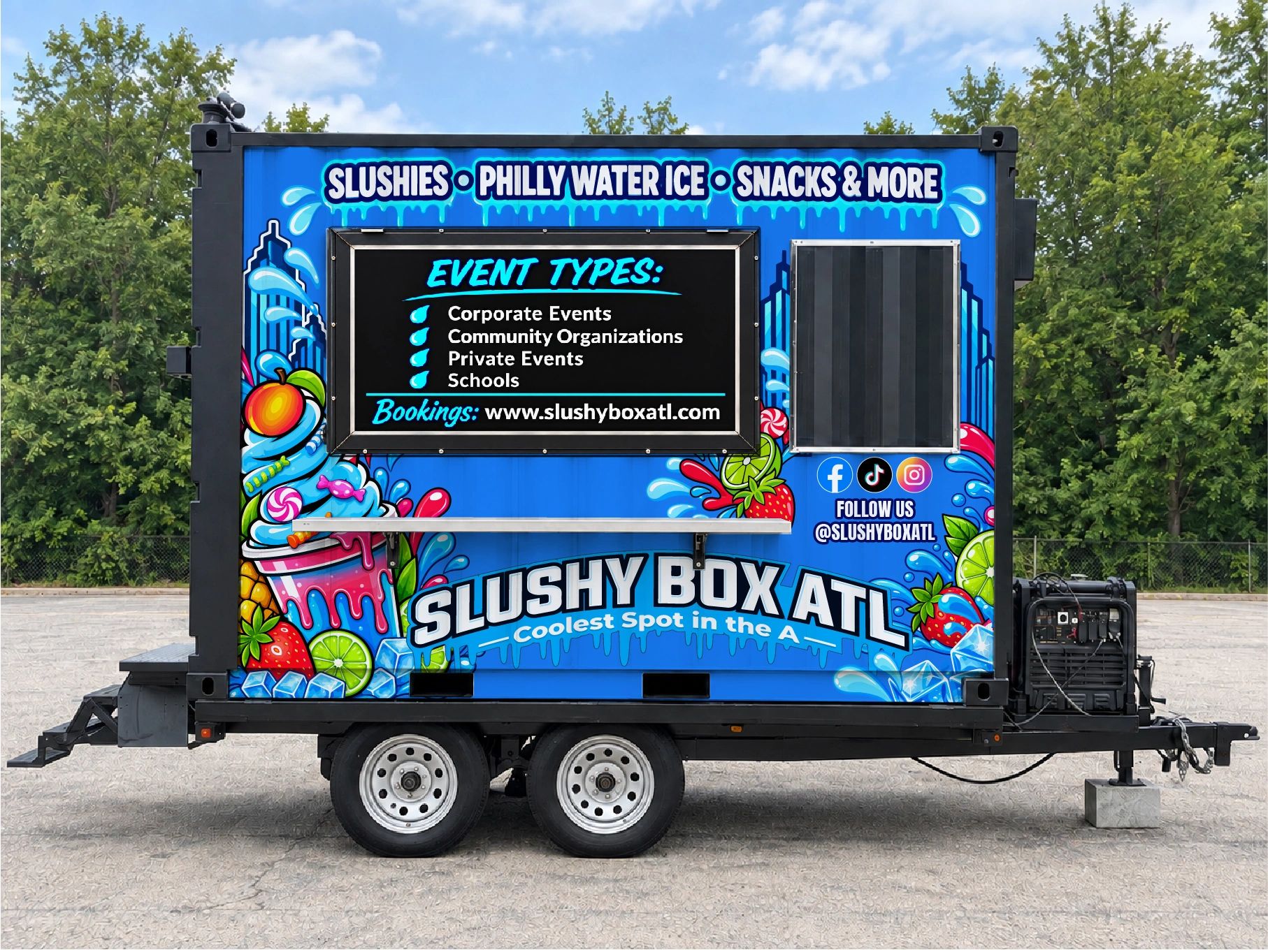 Colorful Slushy Box ATL trailer with event booking info.
