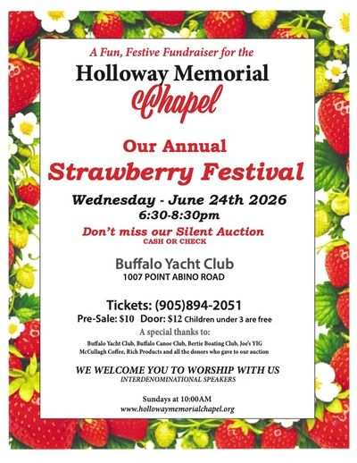Flyer for Holloway Memorial Chapel's Annual Strawberry Festival fundraiser on June 24, 2026.