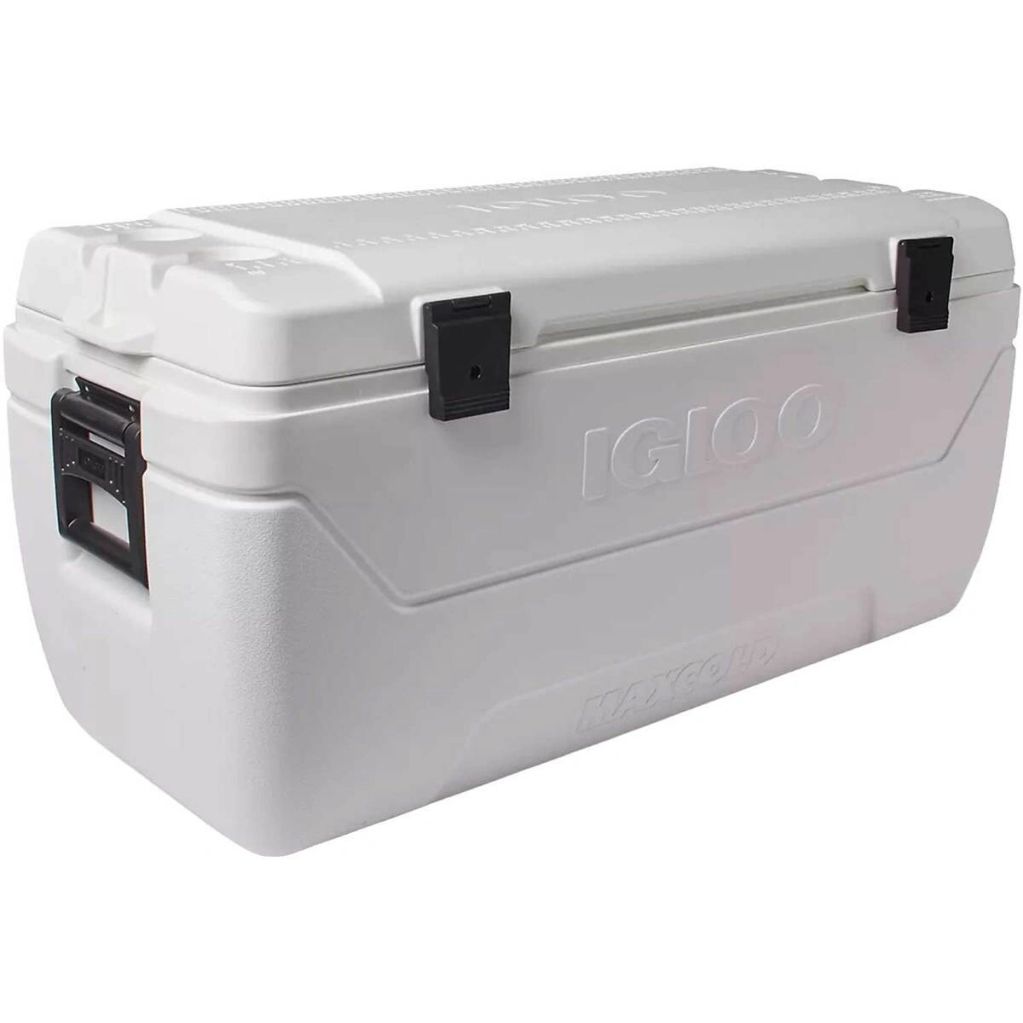 White Igloo cooler with black handles and latches.