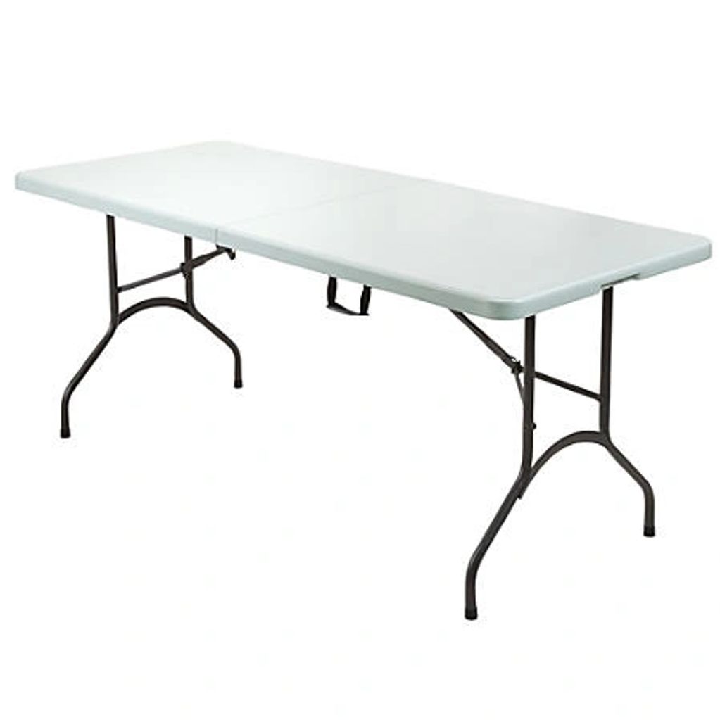 Portable folding table with metal legs.