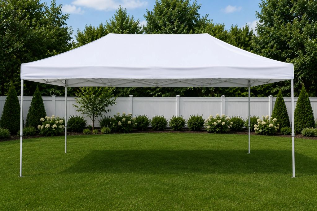 White pop-up canopy tent in a backyard.