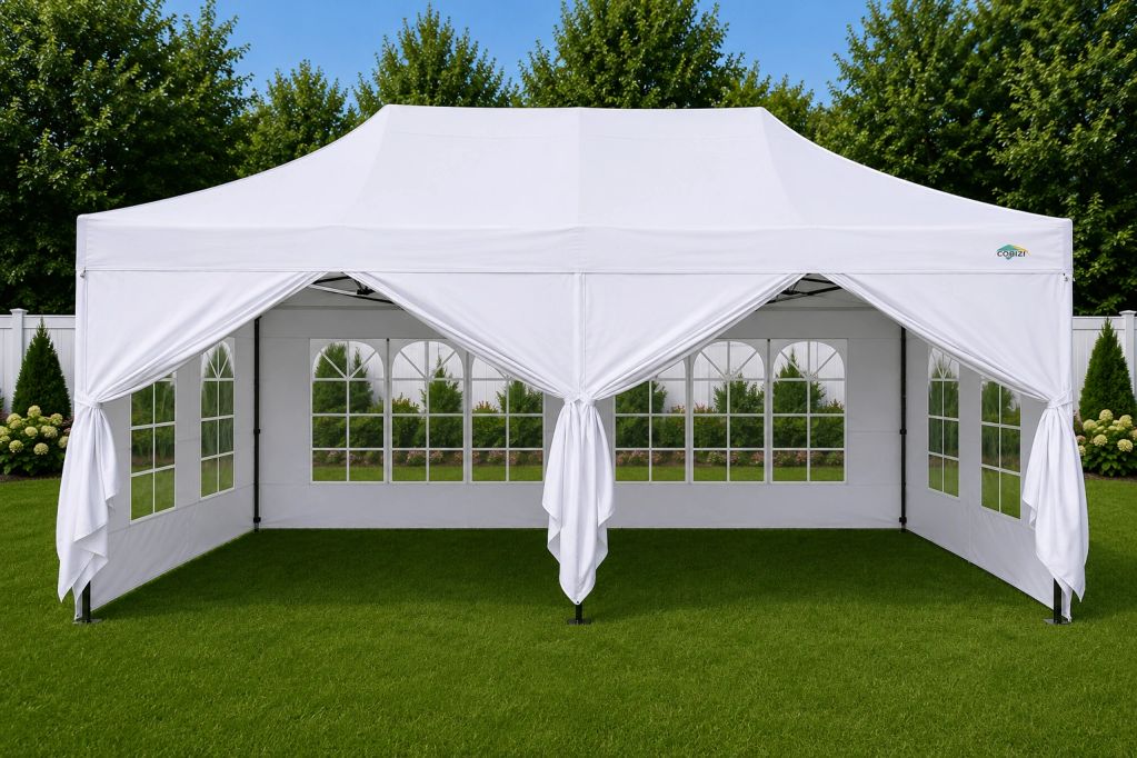 White outdoor canopy tent with clear windows.