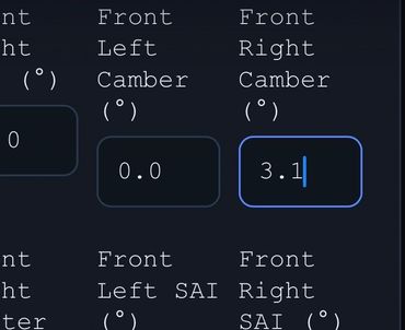 Close-up of camber angle settings for front left and right wheels.